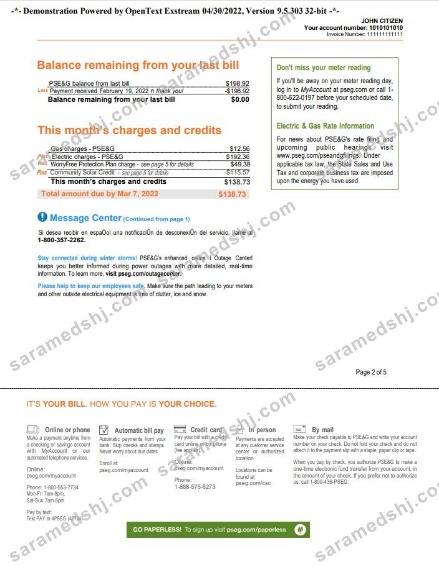 USA New York PSEG utility bill, Word and PDF template, 5 pages 2